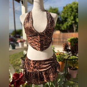 Othr Brown & Black Animal Print Halter Crop Top with Ruffle Mini Skirt